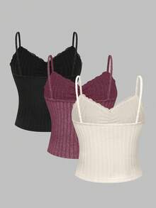 GlowEve Conjunto de 3 piezas de camisetas sin mangas ajustadas con encaje y fruncido en tejido de punto suave y esponjoso para mujer, para otoño/invierno - Multicolor - Ver 2