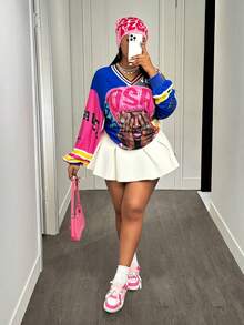 Slaydiva 秋冬新款女装，适合万圣节、圣诞节、新年、感恩节、生日等场合——休闲街头字母图案V领长袖撞色卫衣，彩色涂鸦街头字母印花时尚大码卫衣——粉色印花T恤，Y2K可爱上衣，Y2K印花露脐上衣，夏季露脐印花衬衫，Y2K街头服饰 - 彩色 - 查看 9