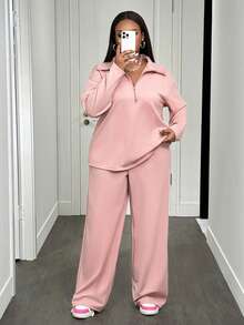 Slaydiva Novos Lançamentos de Outono e Inverno 2025, Roupas Femininas de Outono/Inverno - Conjunto de Camiseta Solta com Zíper na Frente de Manga Longa Rosa e Calça Pantalona com Bolso, Conjunto de Roupas Plus Size Feminino, Tecido Macio