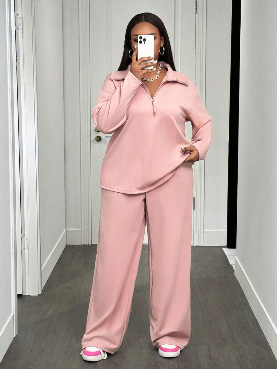 Slaydiva Novos Lançamentos de Outono e Inverno 2025, Roupas Femininas de Outono/Inverno - Conjunto de Camiseta Solta com Zíper na Frente de Manga Longa Rosa e Calça Pantalona com Bolso, Conjunto de Roupas Plus Size Feminino, Tecido Macio