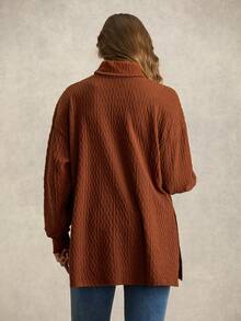 Zelara Áo thun tay dài cổ cao trễ vai màu trơn họa tiết mềm mại cỡ lớn, mùa thu - màu nâu - Xem 9