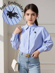 Firerie Kids Firerie Kids Tween Girls' Casual Striped Collared Button-Up Long Sleeve Equestrian Embroidered Shirt, Suitable For Autumn/Winter