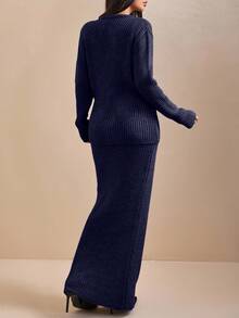 EURMUSE Conjunto de cardigan y falda de punto acanalado con botones delanteros de unicolor para mujer - Azul Marino - Ver 6