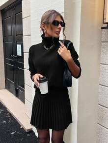 SHEIN Tall Tall Size 2pcs Women High Neck Drop Shoulder Long Sleeve Sweater And Pleated Knit Mini Skirt Set - Black - View 6