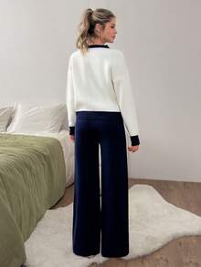 EURMUSE Women Flower Embroidery Cardigan And Pant Knit Set - Navy Blue - View 3