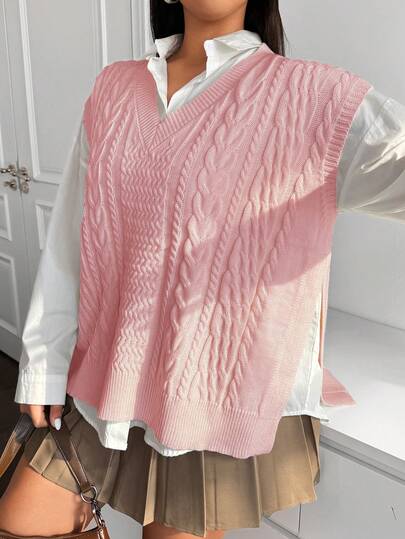 Flirla Plus Size Casual Solid Color Side Slit Knit Vest, Autumn/Winter
