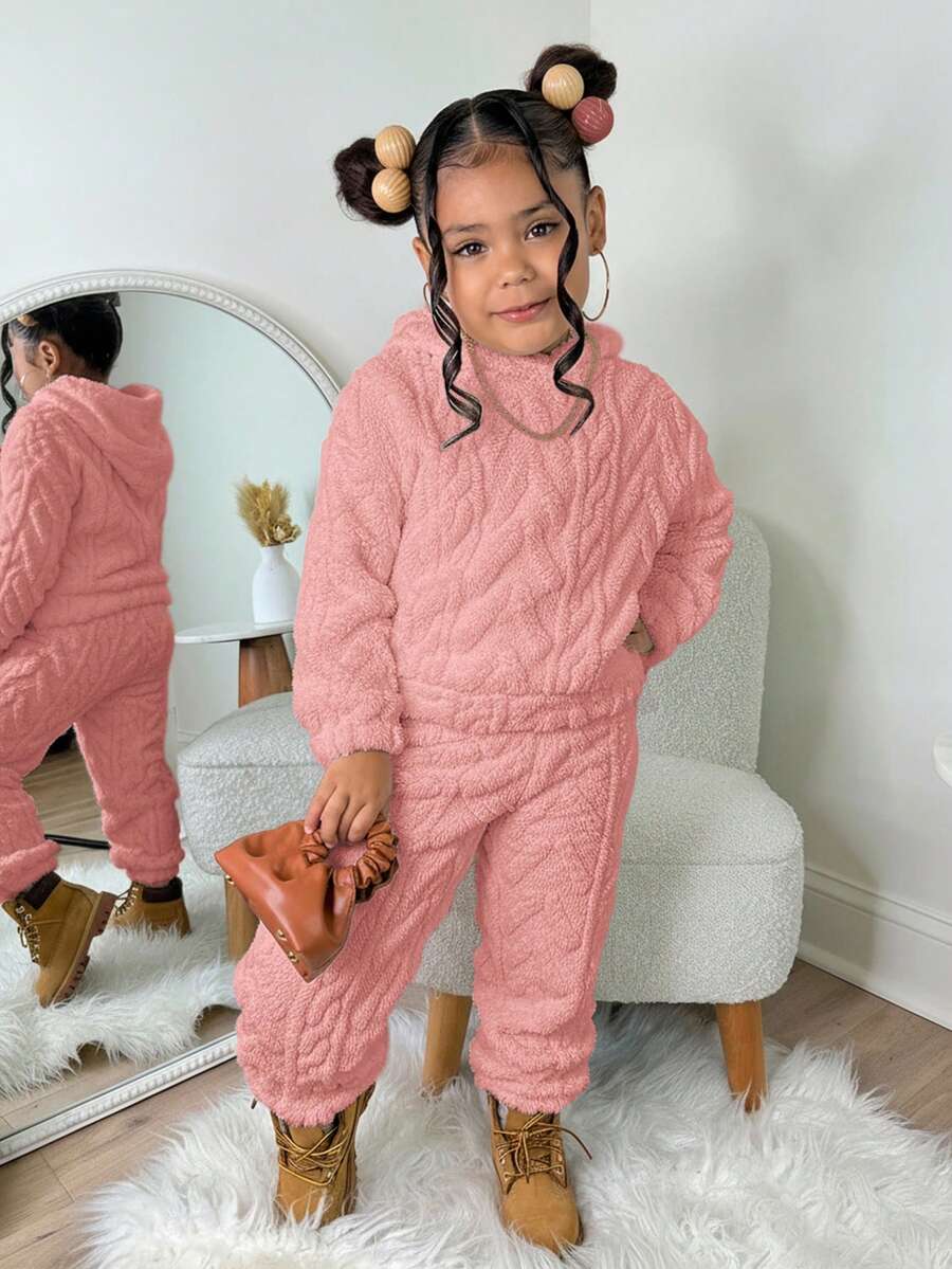 Set de 2 piezas: Sudadera de forro polar texturizada + Pantalones de ajuste holgado para niñas jóvenes, uso casual para otoño/invierno - Rosa - Ver 1