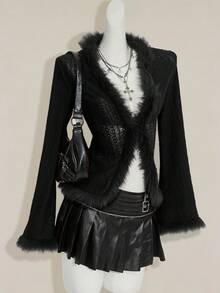 SHEIN ICON Women's Retro Bohemian Sexy Y2K Knit Jacquard Patchwork Fur Collar Brown T-Shirt,Black Top - Black - View 5