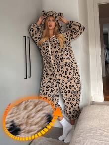 DAZY Bộ đồ liền thân có mũ trùm đầu bằng vải nỉ họa tiết da báo với họa tiết tai dễ thương, ấm áp cho mùa đông - Màu Hồng  San hô - Xem 3