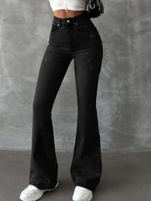 SHEIN Tall TALL 98%Cotton Solid Color Slanted Pocket Casual Flared Jeans Flare Jeans Women Black Flare Jeans Black Flare Pants Wide Leg Jeans - Dark Wash - View 4