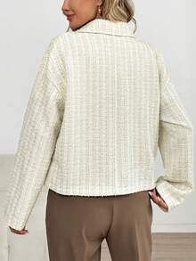 SHEIN LUNE Chaqueta de tweed elegante color crema blanco para mujer, estilo francés con manga larga, cuello de camisa y cremallera, chaqueta casual de negocios para oficina, otoño e invierno para mujeres - Albaricoque - Ver 2