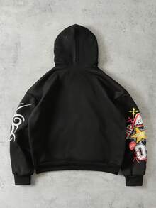 ROMWE MEN Street Life 男士宽松短款拉链连帽卫衣，饰有闪亮亮片，街头风长袖上衣 - 黑色 - 查看 2
