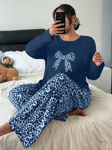 SHEIN Fashionable Leopard Print Bowknot Long Sleeve Thin Pajama Set, Plus Size For Home Wear, Autumn/Winter - Blue - View 3