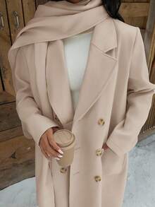 Muchica Abrigo largo de lana de doble botonadura con diseño de bufanda de cuello chal, otoño/invierno - Caqui - Ver 1