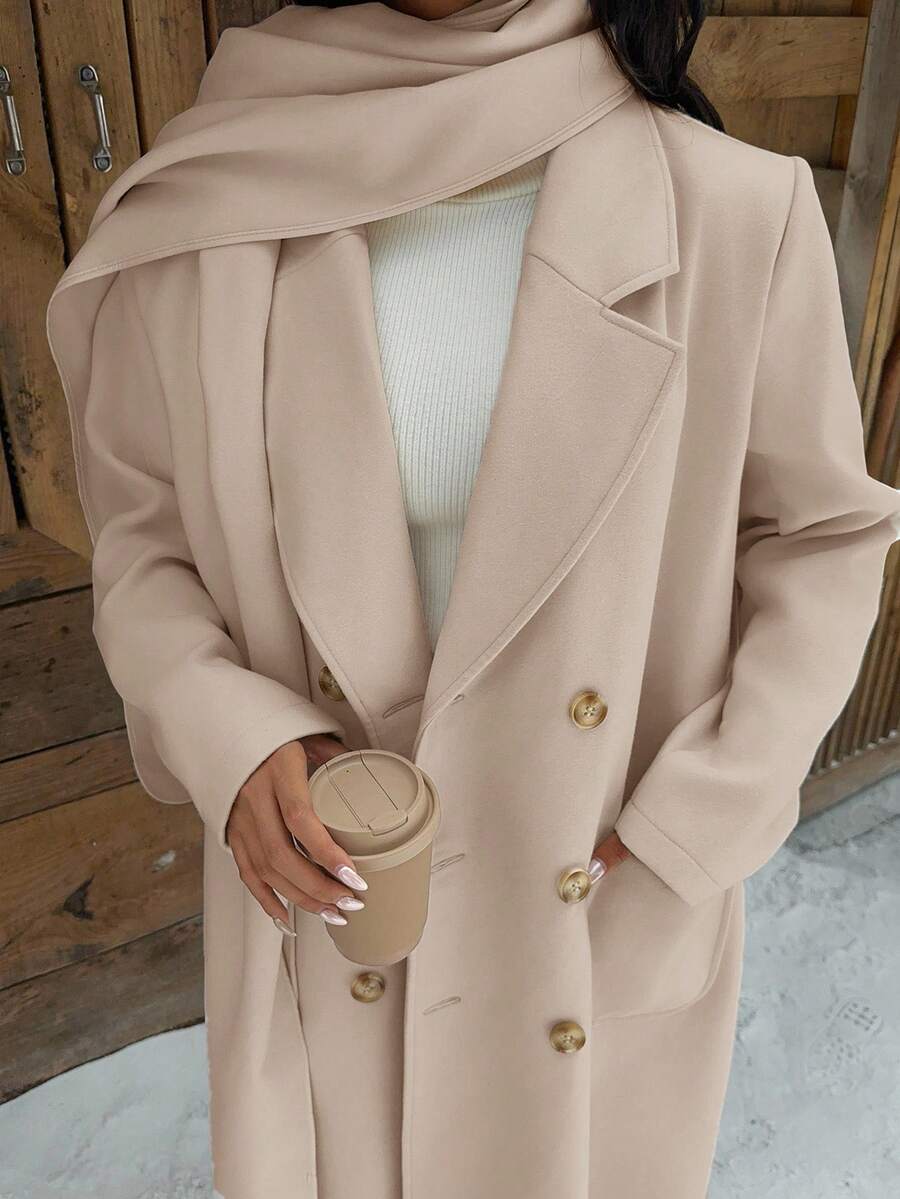 Muchica Abrigo largo de lana de doble botonadura con diseño de bufanda de cuello chal, otoño/invierno - Caqui - Ver 1