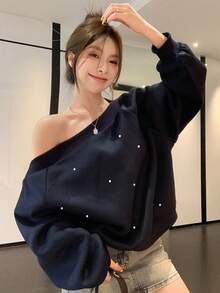 DAZY 女士不对称肩部闪亮水钻卫衣，藏蓝色，带保暖内衬，适合秋季、冬季、新年、圣诞派对穿着 - 藏蓝色 - 查看 1