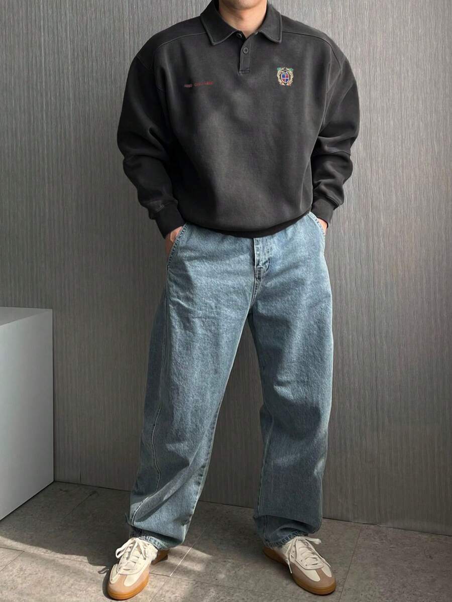 DAZY 男士字母刺绣水洗复古深灰色 Polo 领街头风套头卫衣，秋冬款 - 灰色 - 查看 1