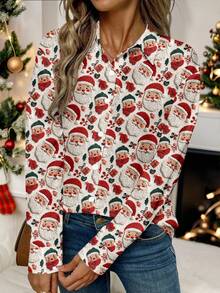 SHEIN LUNE Women's Casual Christmas Printed Shirt, Suitable For Autumn/Winter Cute Shirt For Women Summer Shirt Christmas Shirt Camisas For Women - Multicolor - View 2