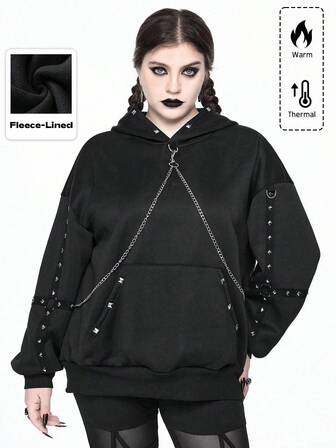sweat-shirt à capuche style gothique punk avec chaîne, rivets, décoration croix, Sweat-shirt épais pour femmes grande taille