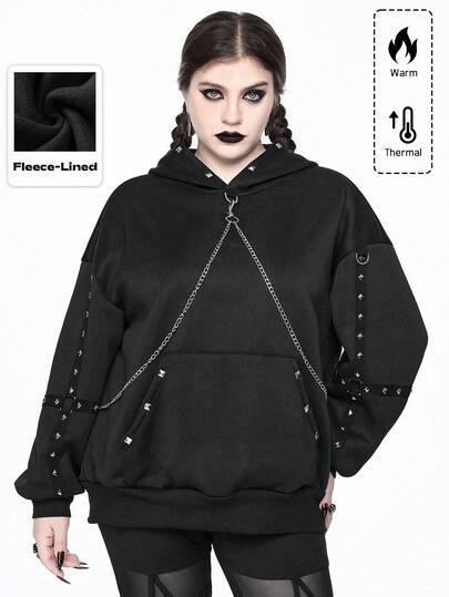 Gothic Punk Style Hoodie With Chain, Rivet, Cross Decor, Plus Size Women Thick Sweatshirt