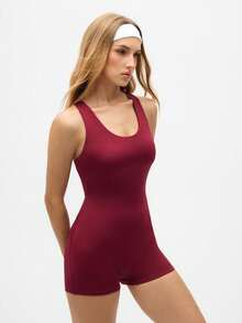 Eassivo Women's Sleeveless One Piece Yoga Romper,Burgundy Cut Out Back Athletic Workout Playsuit, Stretch Fitness Gym Bodysuit, Activewear For Women