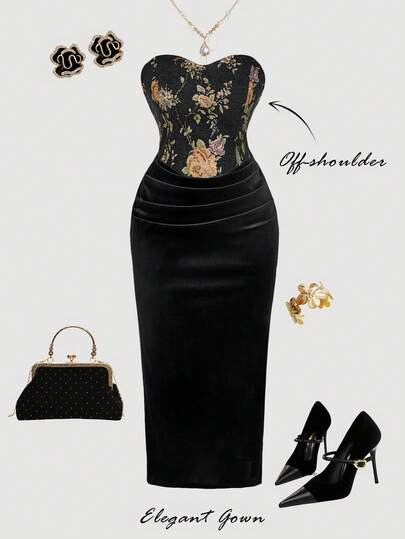 SHEIN MOD Plus Size Black Vintage Jacquard Fitted Midi Dress, Cocktail Party Dress Outfit .Elegant Party, Date, And Outfits./ Dress