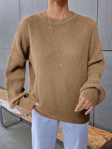 EURMUSE Suéter casual de cor sólida com ombros caídos, outono/inverno - Camelo - Ver 6