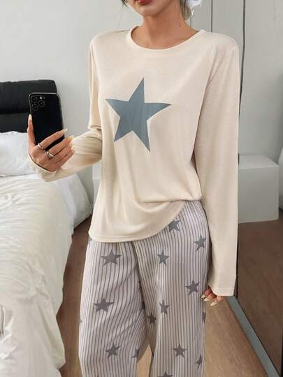 Dream Adore Fresh Round Neck Long Sleeve Star Gestreepte Straight Leg Pajama Set Women Korean Pyjama Fall Clothes view 6