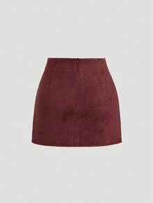 SHEIN PETITE Chân váy ngắn xếp ly chữ A chất liệu da lộn màu sắc tươi tắn thời trang thu đông dành cho nữ dáng nhỏ nhắn - Màu Đỏ Sâu - Xem 2