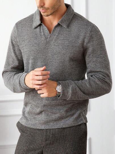 Core Aspect Camisa polo de manga larga de otoño para hombre, de tela de punto de ganchillo, de unicolor, camisa polo de punto, camisa polo casual, camisa polo de cuello en V, adecuada para salidas diarias, reuniones con amigos, fines de semana casuales, gran regalo para novio o esposo, la mejor camisa polo talla grande vendida en INS