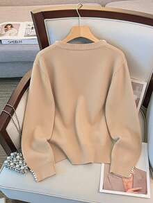 GlowEve CURVE Suéter elegante de manga larga con cuello redondo y adornos de perlas para tallas grandes - Albaricoque - Ver 2