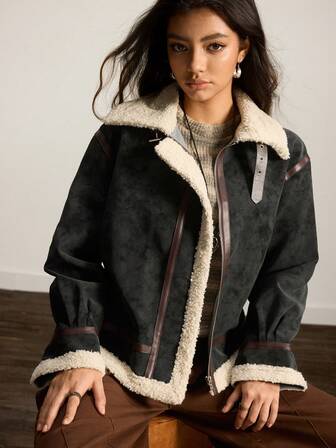 Easelle Women's Retro Thickened Regular Jacket, Autumn/Winter Black Winter Clothes For Women Spliced Fur Collar Warm And Comfortable