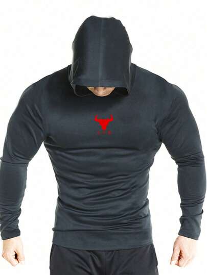 Manfinity Sport Corelite 奶牛纹褶皱休闲百搭长袖连帽套头卫衣运动上衣健身卫衣男士服装