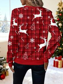 EMERY ROSE Women's Front Half-Zip Round Neck Sweatshirt, Suitable For Autumn/Winter Winter Tops For Women Christmas Shirt Red Plaid Top Women Blouses Long Sleeve New Year Party - White - View 2