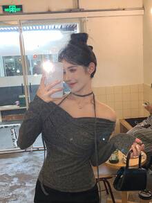 DAZY Women's Cross Off-Shoulder Korean Style Tie-Up Long Sleeve T-Shirt, Spring/Autumn