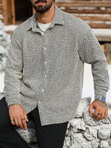 Manfinity CasualCool 黑米色条纹男士成熟休闲长袖衬衫 男士针织开衫 男士针织纽扣衬衫 男士纽扣衬衫 男士毛衣外套开衫 - 彩色 - 查看 4