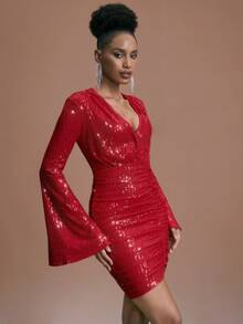 JIAN LASALA V Neck Flared Sleeves Ruched Sequin Red Dress Women Christmas Party Elegant Evening Dress Red Cocktail Dress Red Sequin Dress Red Party Dress Women Red Sparkly Dress Sequin Party Dress Red Outfits For Women Sexy Red Mini Dress Sequin Dress Women Wedding Guest Birthday Dress - Red - View 4