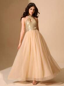 Elegant Champagne Gold Sequin Mesh Spaghetti Strap Sleeveless Summer Maxi Dress For Teens,Flower Girl,Wedding,Prom,Christmas,Graduation - Champagne - View 4