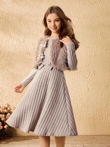 Tween Girls Elegant Faux Fur Sleeveless Gray Top With Cute Bow, Gray Cap Sleeve Round Neck Waist Cute Bow Dress 2-Piece Top Set - Apricot - View 5