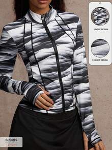 Dewbera Sporty Fashionable Water Wave Print Jacket, Functional Splicing, Slim Fit Stand Collar Thumb Hole Long Sleeve Top Zip Up Active Jacket - Black - View 1