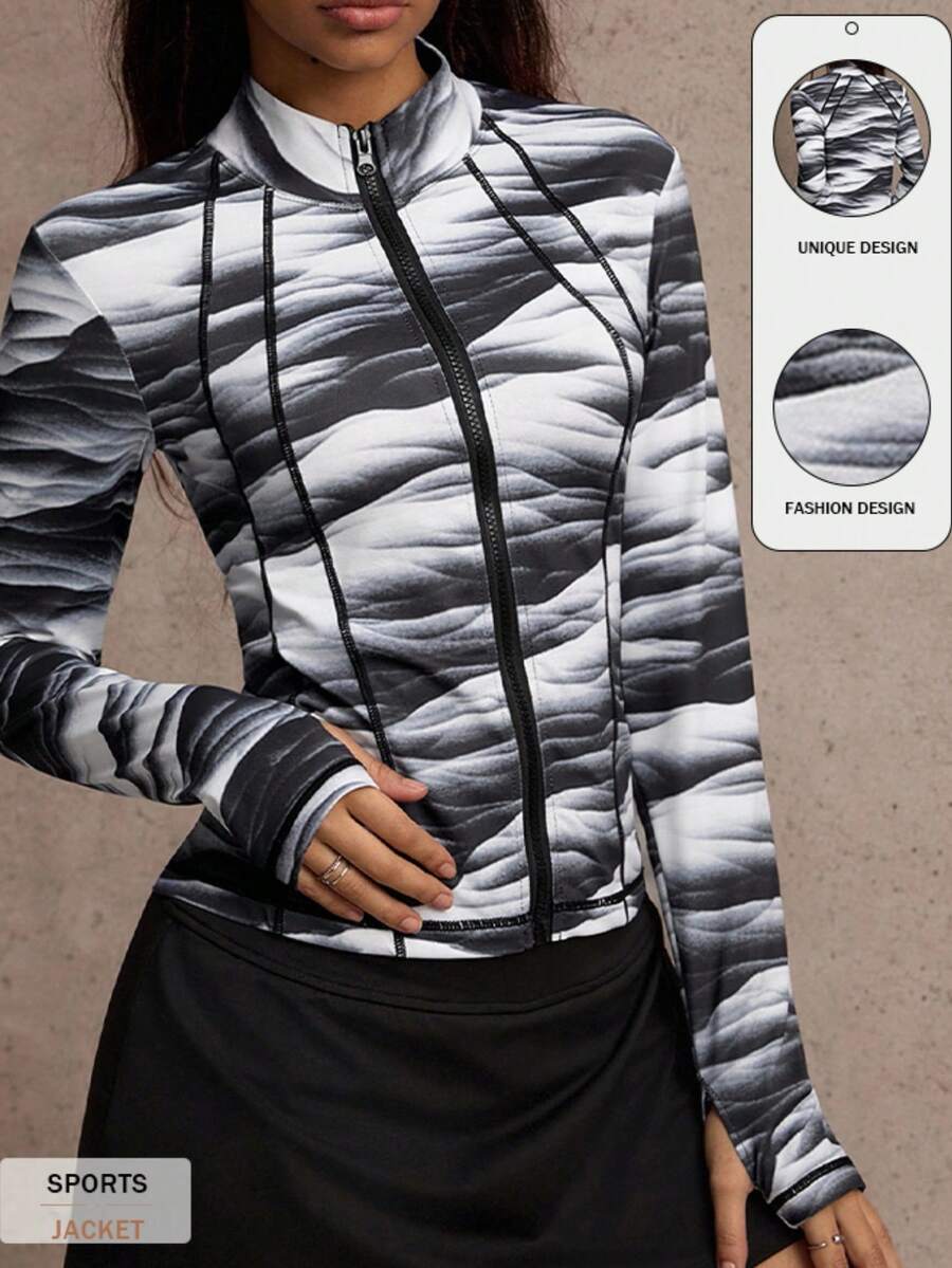 Dewbera Sporty Fashionable Water Wave Print Jacket, Functional Splicing, Slim Fit Stand Collar Thumb Hole Long Sleeve Top Zip Up Active Jacket - Black - View 1