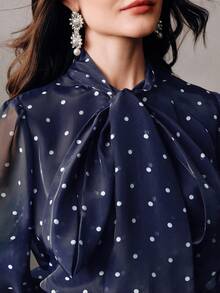 Anewsta Vintage Bowknot Strap Long Sleeve Sheer Waist Flared A-Line Mini Dress For Women - Navy Blue - View 2