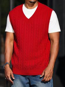Manfinity Homme Chaleco sin mangas de punto de cable de unicolor con cuello en V para hombre - Rojo - Ver 4