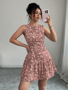Elenzga 波西米亚风印花无袖系带迷你连衣裙，优雅法式设计，适合毕业季和夏季穿着 - 咖啡棕 - 查看 6