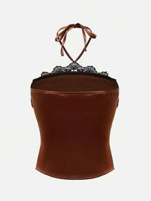 Glisette Solid Color Backless Halter Lace Trim Sexy Elegant Women Tank Top - Brown - View 7