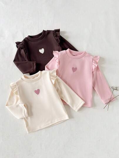 SHEIN 3pcs Baby Girl Round Neck Heart Embroidered Double-Sided Fleece Soft Comfortable Ruffle Sleeve Long Sleeve Top, Suitable For Casual, Home, Outdoor Play In Autumn/Winter, Versatile