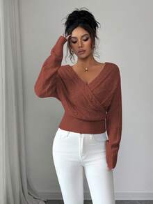 SHEIN Elenzya 女士休闲纯色V领裹身毛衣，秋冬季 - 棕色 - 查看 3