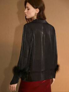 MOTF PREMIUM FASHIONABLE V-COLLAR LOOSE FIT FEATHER DECOR ASYMMETRIC CUFF GLOSSY SATIN BLOUSE - Black - View 3