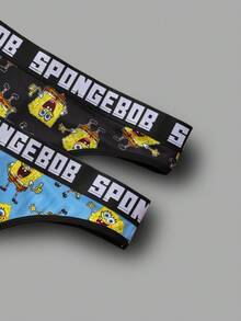 SpongeBob SquarePants | SHEIN Women's Comfortable Soft Breathable Cartoon Pattern Letter Jacquard Thong Panties - Black - View 6