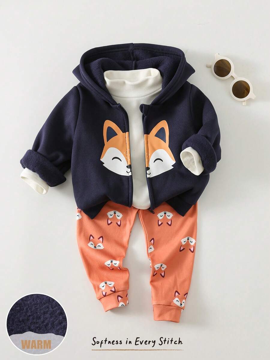 Cozy Pixies 两件套男婴狐狸图案针织柔软连帽卫衣和弹力腰带打底裤套装，舒适百搭休闲时尚基础款，适合室内、户外休闲、滑雪、返校、日常穿着、运动、玩耍、聚会、秋冬季节等场合。 - 彩色 - 查看 1
